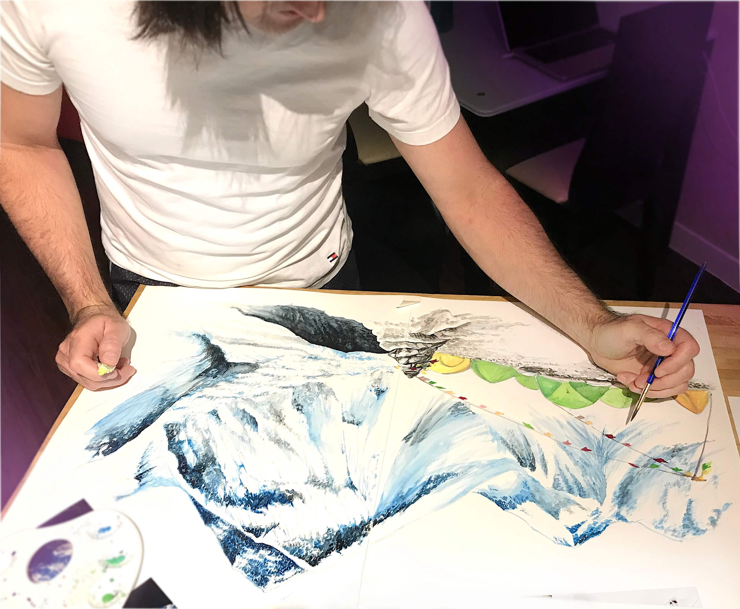 Robin painting Mount Everest with watercolors